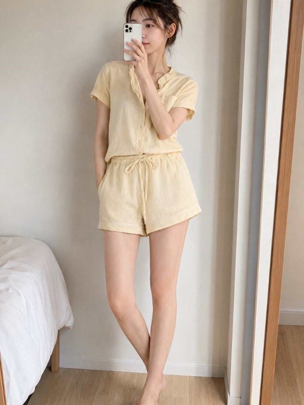 H&M Linen Blend Pajama Set Soft Yellow Minimalist Lounge Set M